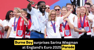 Burna Boy surprises Sarina Wiegman at England’s Euro 2025 parade